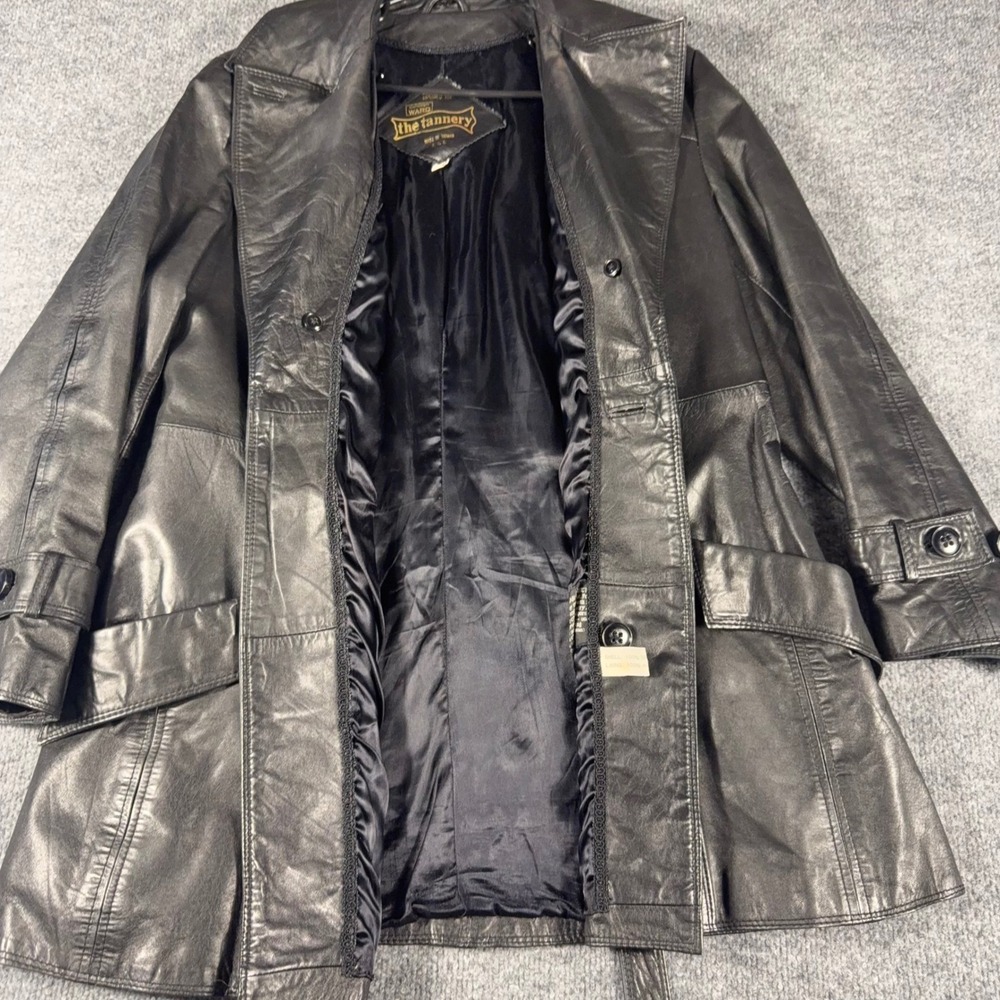 Vintage Montgomery Ward The Tannery Black Leather Trench Jacket Womens 15/16